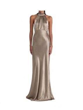 SALONI Satin Halter Dress in Golden/Taupe with black ribbon